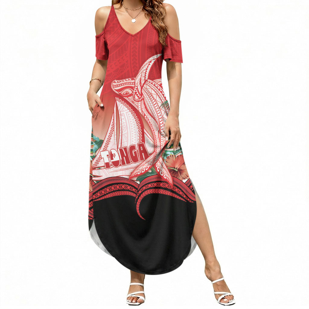 Vavau Sailing Festival Tonga Personalised Summer Maxi Dress Humpback Whale Sailboat Tropical Vibes LT14 Women Red - Polynesian Pride