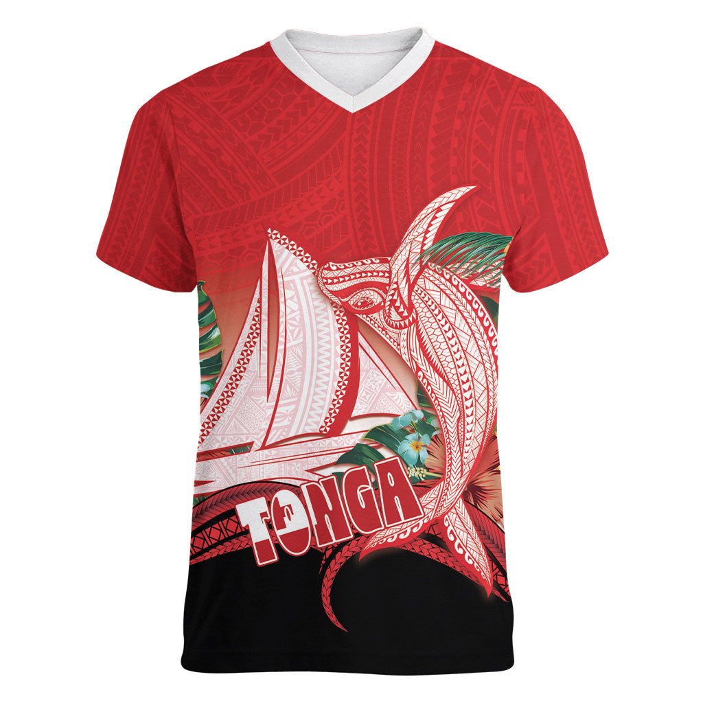 Vavau Sailing Festival Tonga Personalised Women V-Neck T-Shirt Humpback Whale Sailboat Tropical Vibes LT14 Female Red - Polynesian Pride