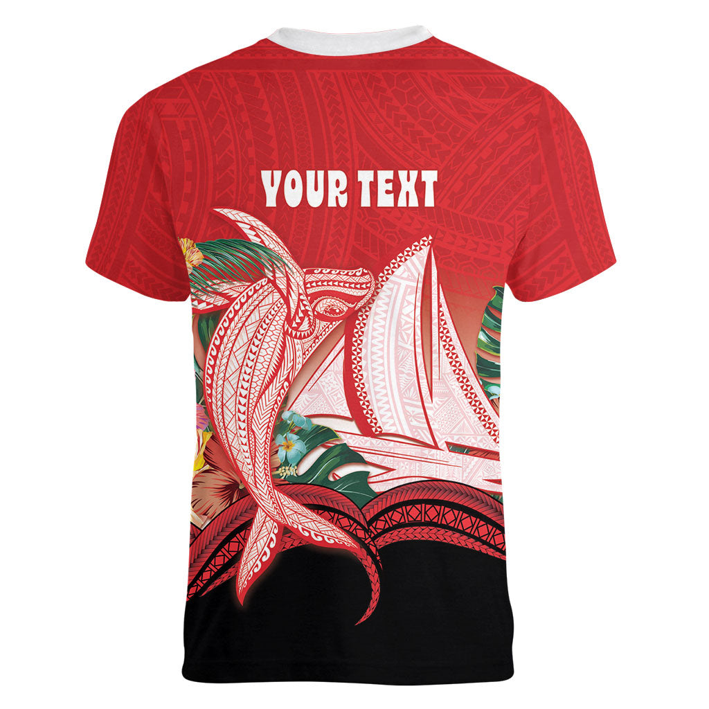 Vavau Sailing Festival Tonga Personalised Women V-Neck T-Shirt Humpback Whale Sailboat Tropical Vibes LT14 - Polynesian Pride