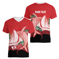 Vavau Sailing Festival Tonga Personalised Women V-Neck T-Shirt Humpback Whale Sailboat Tropical Vibes LT14 - Polynesian Pride