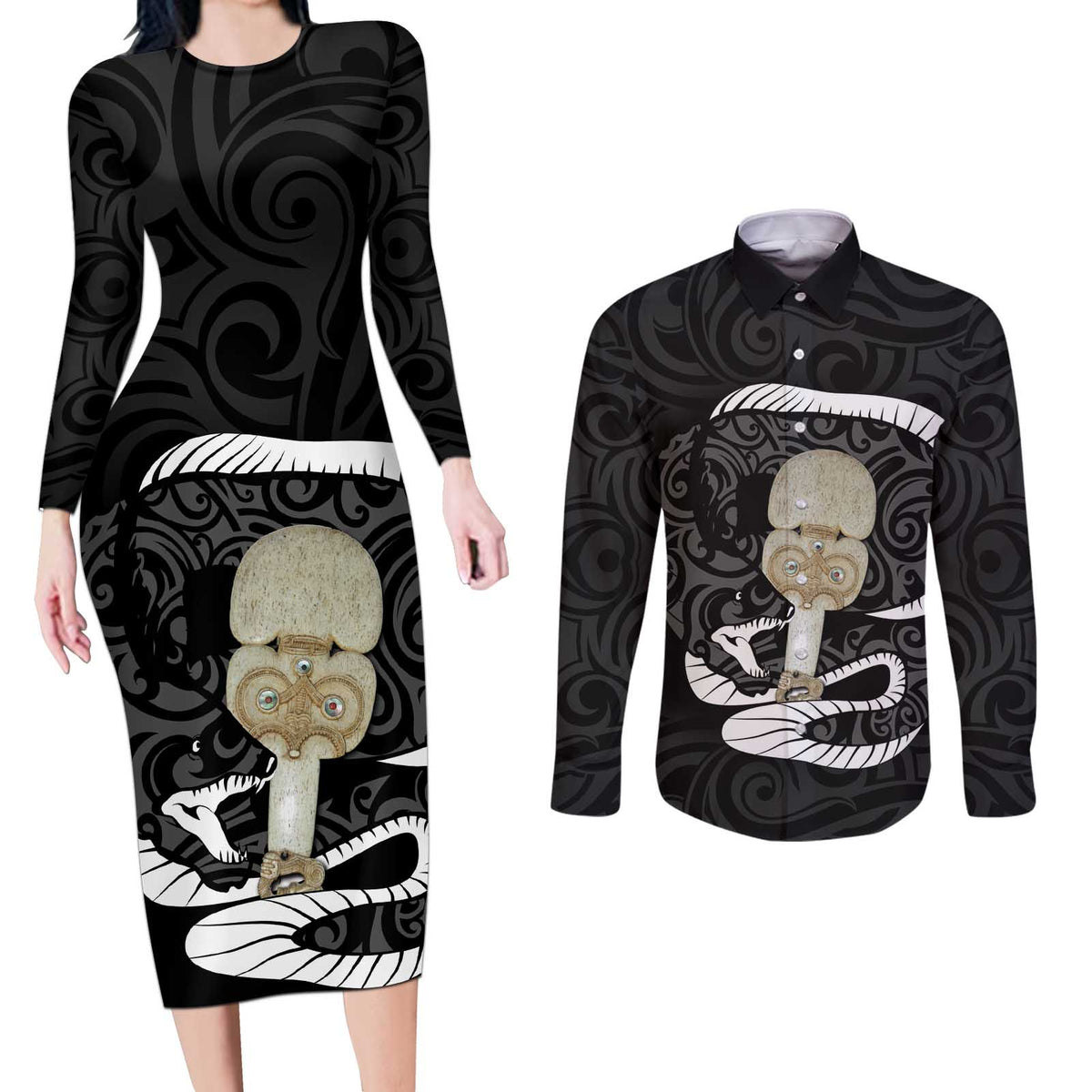 Black New Zealand Eel Couples Matching Long Sleeve Bodycon Dress and Long Sleeve Button Shirt Aotearoa Maori Tuna With Kotiate Weapon LT14 Black - Polynesian Pride