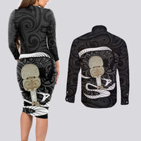 Black New Zealand Eel Couples Matching Long Sleeve Bodycon Dress and Long Sleeve Button Shirt Aotearoa Maori Tuna With Kotiate Weapon LT14 - Polynesian Pride
