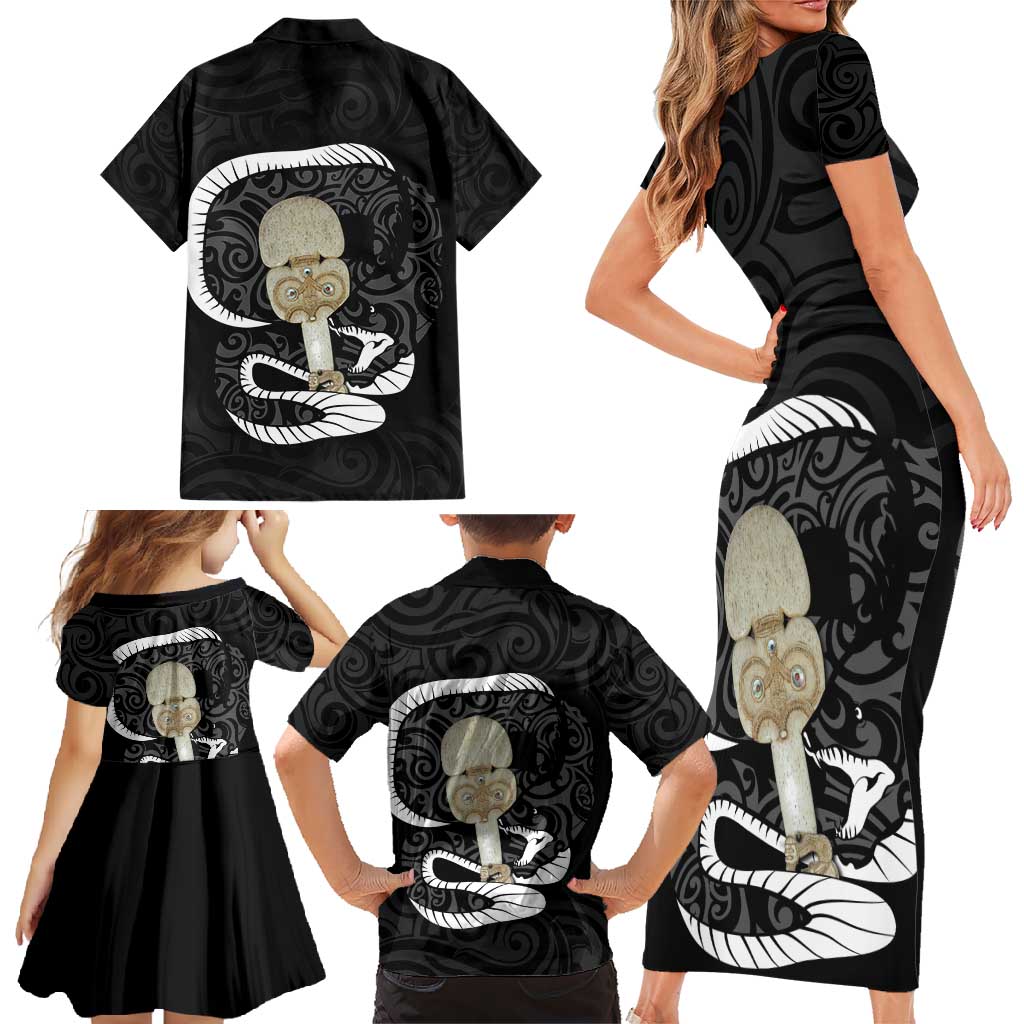 Black New Zealand Eel Family Matching Short Sleeve Bodycon Dress and Hawaiian Shirt Aotearoa Maori Tuna With Kotiate Weapon