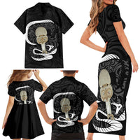 Black New Zealand Eel Family Matching Short Sleeve Bodycon Dress and Hawaiian Shirt Aotearoa Maori Tuna With Kotiate Weapon