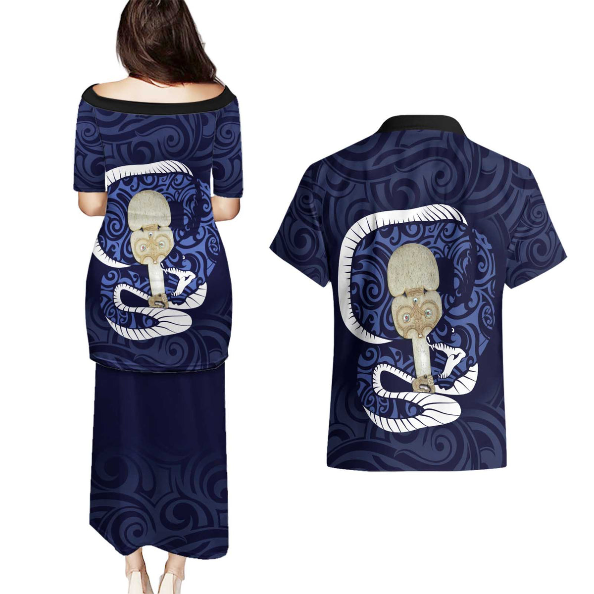 Blue New Zealand Eel Couples Matching Puletasi and Hawaiian Shirt Aotearoa Maori Tuna With Kotiate Weapon
