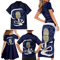 Blue New Zealand Eel Family Matching Short Sleeve Bodycon Dress and Hawaiian Shirt Aotearoa Maori Tuna With Kotiate Weapon