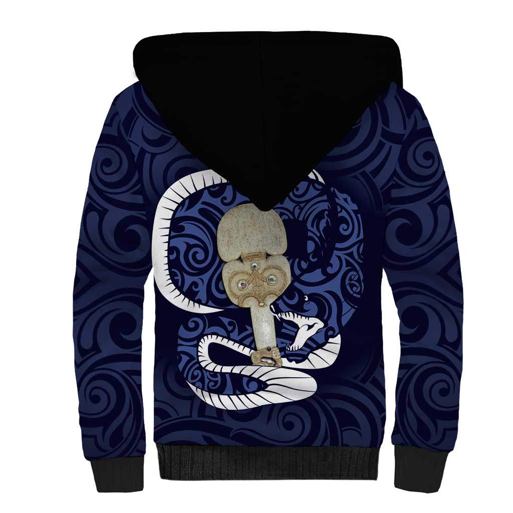 Blue New Zealand Eel Sherpa Hoodie Aotearoa Maori Tuna With Kotiate Weapon