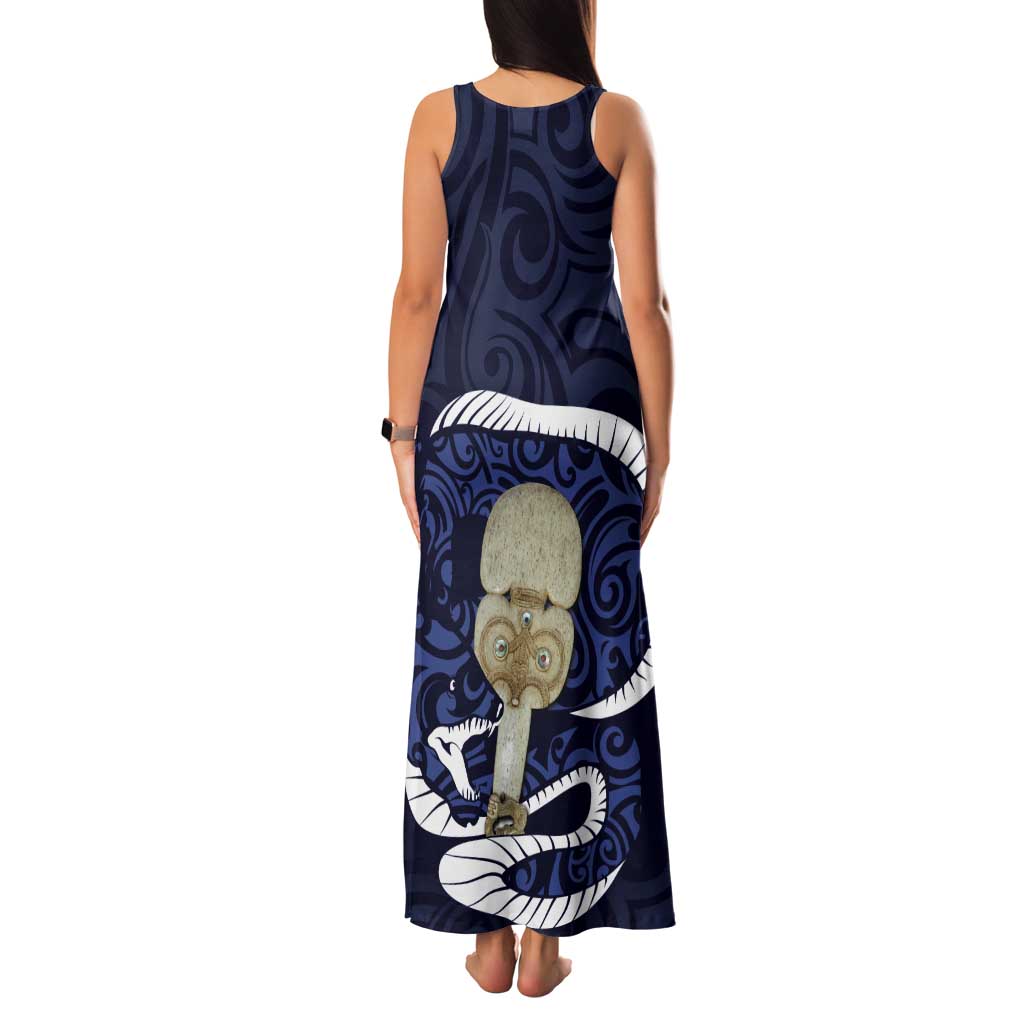 Blue New Zealand Eel Tank Maxi Dress Aotearoa Maori Tuna With Kotiate Weapon