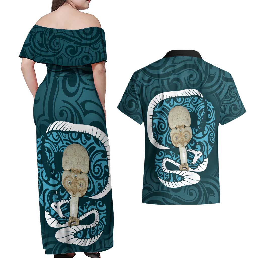 Turquoise New Zealand Eel Couples Matching Off Shoulder Maxi Dress and Hawaiian Shirt Aotearoa Maori Tuna With Kotiate Weapon