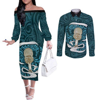 Turquoise New Zealand Eel Couples Matching Off The Shoulder Long Sleeve Dress and Long Sleeve Button Shirt Aotearoa Maori Tuna With Kotiate Weapon LT14 Turquoise - Polynesian Pride