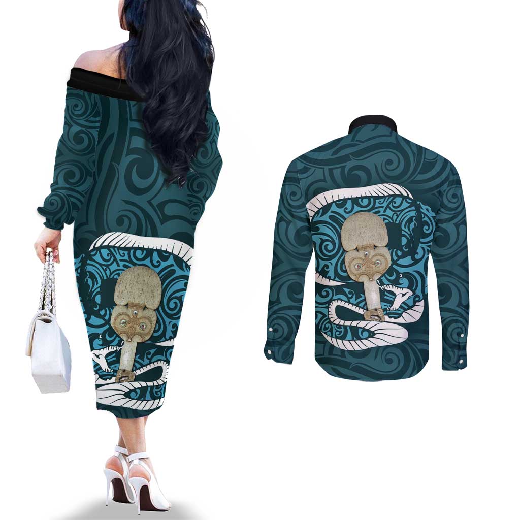 Turquoise New Zealand Eel Couples Matching Off The Shoulder Long Sleeve Dress and Long Sleeve Button Shirt Aotearoa Maori Tuna With Kotiate Weapon LT14 - Polynesian Pride