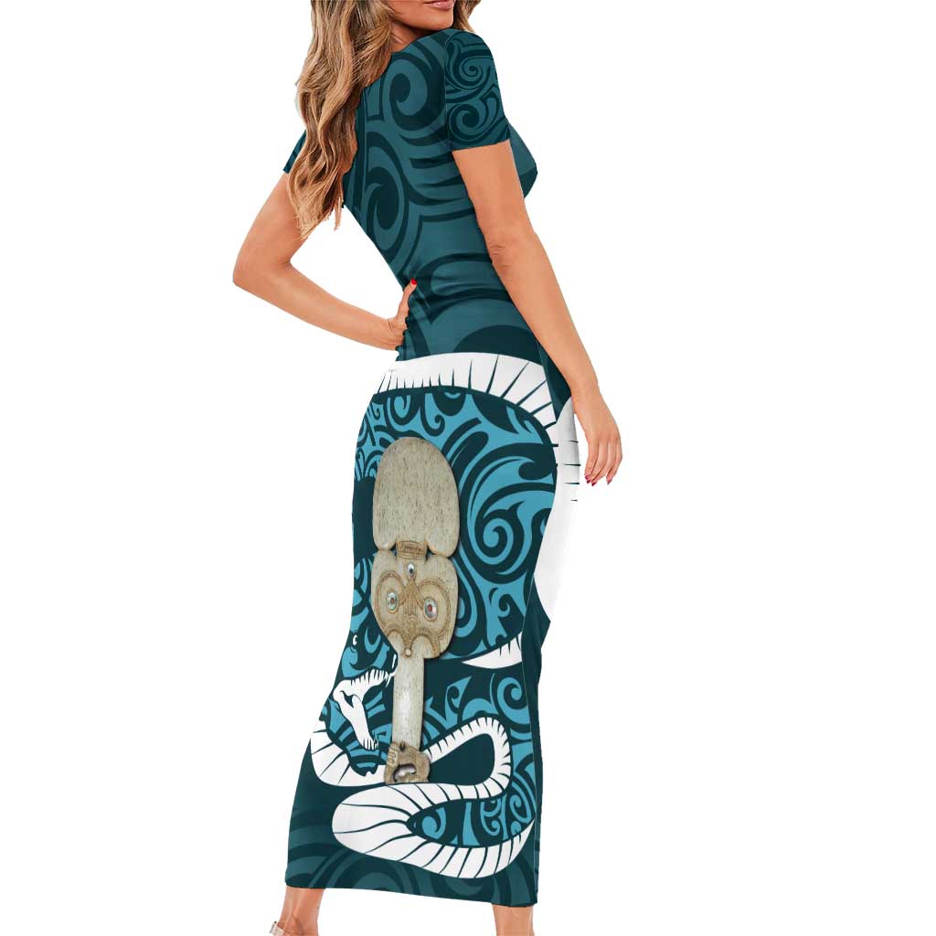 Turquoise New Zealand Eel Family Matching Short Sleeve Bodycon Dress and Hawaiian Shirt Aotearoa Maori Tuna With Kotiate Weapon