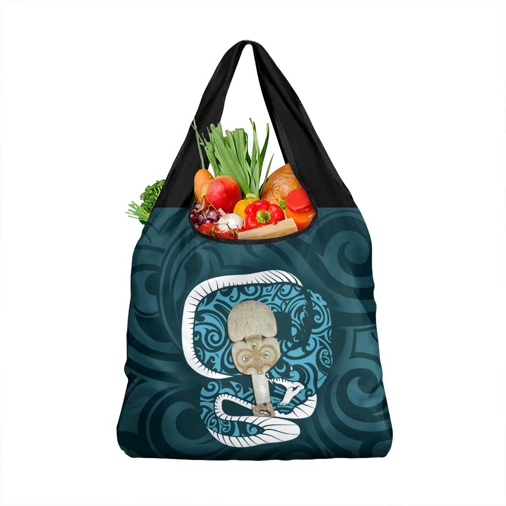 Turquoise New Zealand Eel Grocery Bag Aotearoa Maori Tuna With Kotiate Weapon