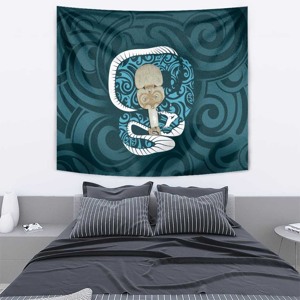Turquoise New Zealand Eel Tapestry Aotearoa Maori Tuna With Kotiate Weapon