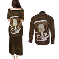 Gold New Zealand Eel Couples Matching Puletasi and Long Sleeve Button Shirt Aotearoa Maori Tuna With Kotiate Weapon