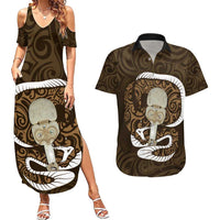 Gold New Zealand Eel Couples Matching Summer Maxi Dress and Hawaiian Shirt Aotearoa Maori Tuna With Kotiate Weapon LT14 Gold - Polynesian Pride