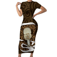 Gold New Zealand Eel Family Matching Short Sleeve Bodycon Dress and Hawaiian Shirt Aotearoa Maori Tuna With Kotiate Weapon