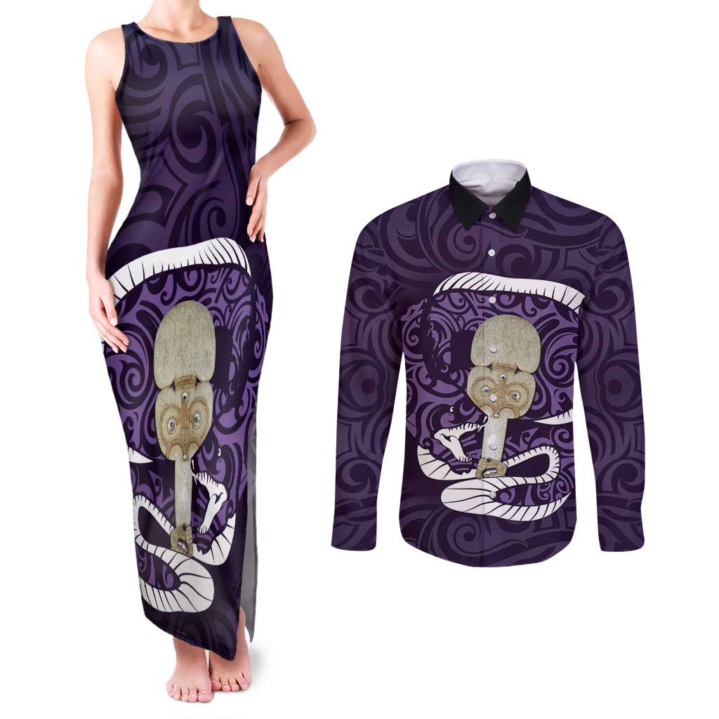 Purple New Zealand Eel Couples Matching Tank Maxi Dress and Long Sleeve Button Shirt Aotearoa Maori Tuna With Kotiate Weapon LT14 Purple - Polynesian Pride