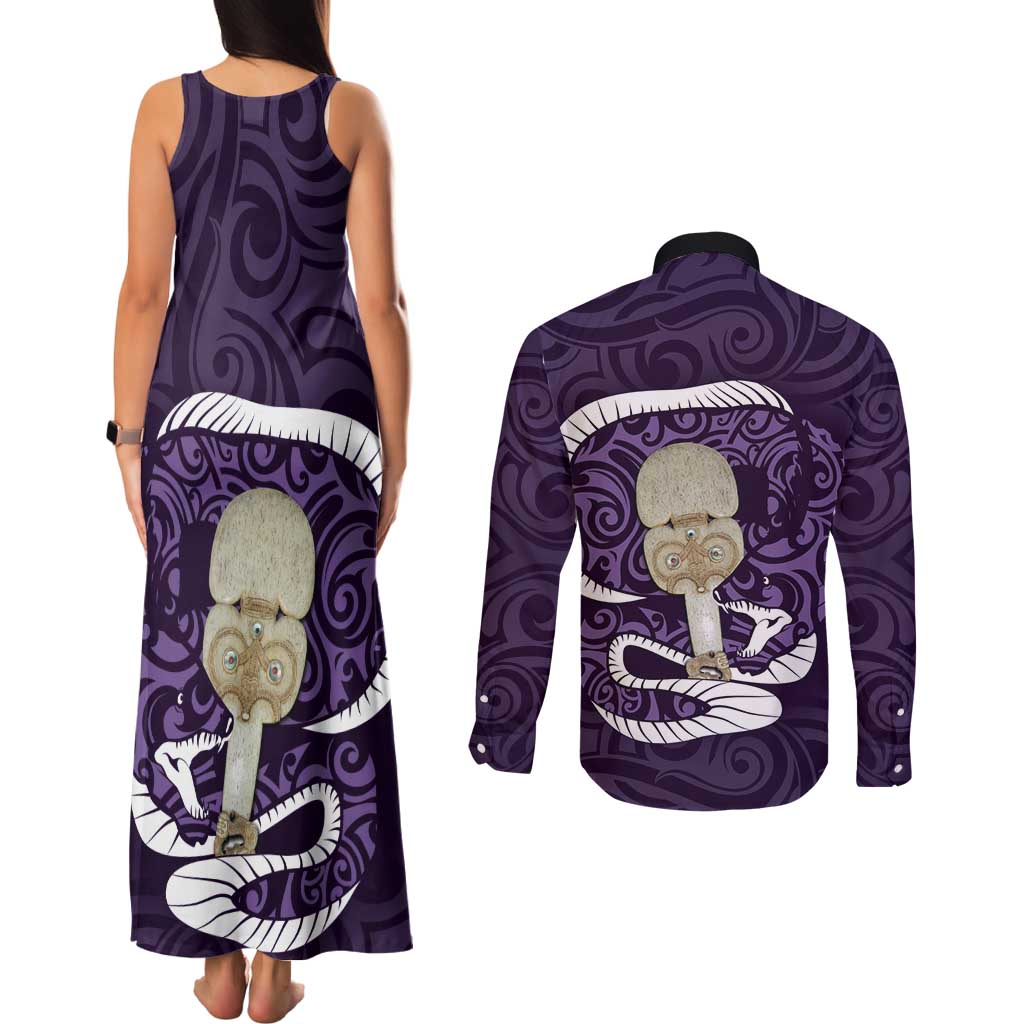 Purple New Zealand Eel Couples Matching Tank Maxi Dress and Long Sleeve Button Shirt Aotearoa Maori Tuna With Kotiate Weapon LT14 - Polynesian Pride