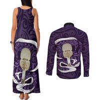 Purple New Zealand Eel Couples Matching Tank Maxi Dress and Long Sleeve Button Shirt Aotearoa Maori Tuna With Kotiate Weapon LT14 - Polynesian Pride