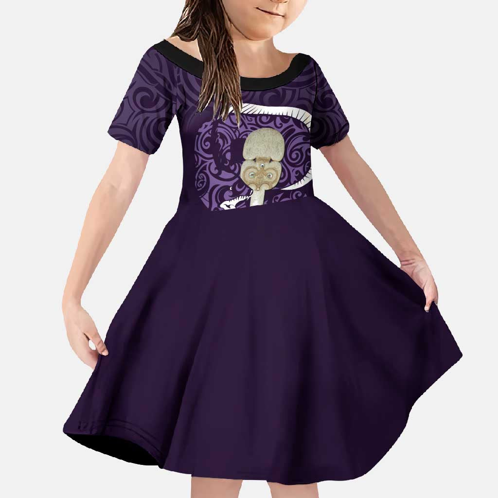 Purple New Zealand Eel Family Matching Long Sleeve Bodycon Dress and Hawaiian Shirt Aotearoa Maori Tuna With Kotiate Weapon LT14 Daughter's Dress Purple - Polynesian Pride