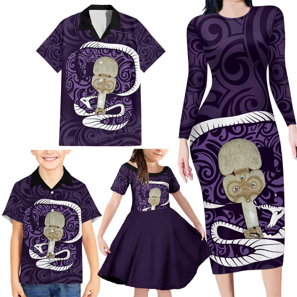 Purple New Zealand Eel Family Matching Long Sleeve Bodycon Dress and Hawaiian Shirt Aotearoa Maori Tuna With Kotiate Weapon LT14 - Polynesian Pride