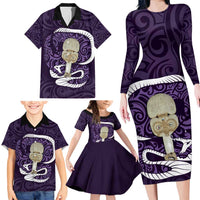 Purple New Zealand Eel Family Matching Long Sleeve Bodycon Dress and Hawaiian Shirt Aotearoa Maori Tuna With Kotiate Weapon LT14 - Polynesian Pride