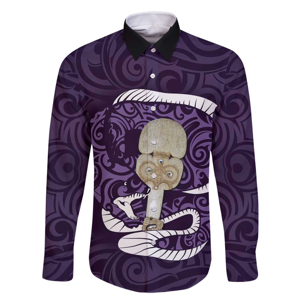 Purple New Zealand Eel Family Matching Long Sleeve Bodycon Dress and Hawaiian Shirt Aotearoa Maori Tuna With Kotiate Weapon LT14 Dad's Shirt - Long Sleeve Purple - Polynesian Pride