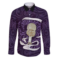 Purple New Zealand Eel Family Matching Long Sleeve Bodycon Dress and Hawaiian Shirt Aotearoa Maori Tuna With Kotiate Weapon LT14 Dad's Shirt - Long Sleeve Purple - Polynesian Pride