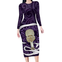 Purple New Zealand Eel Family Matching Long Sleeve Bodycon Dress and Hawaiian Shirt Aotearoa Maori Tuna With Kotiate Weapon LT14 Mom's Dress Purple - Polynesian Pride