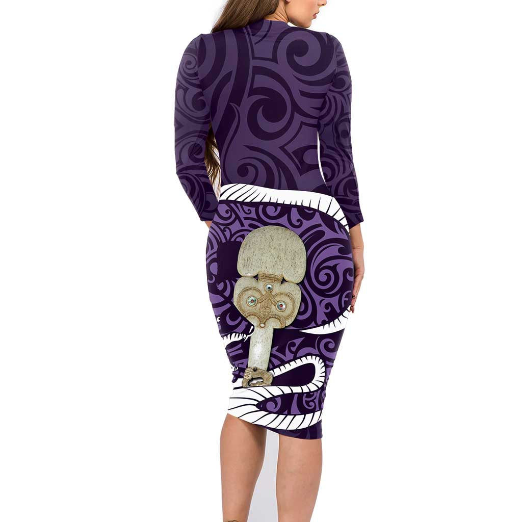 Purple New Zealand Eel Family Matching Long Sleeve Bodycon Dress and Hawaiian Shirt Aotearoa Maori Tuna With Kotiate Weapon LT14 - Polynesian Pride