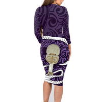 Purple New Zealand Eel Family Matching Long Sleeve Bodycon Dress and Hawaiian Shirt Aotearoa Maori Tuna With Kotiate Weapon LT14 - Polynesian Pride