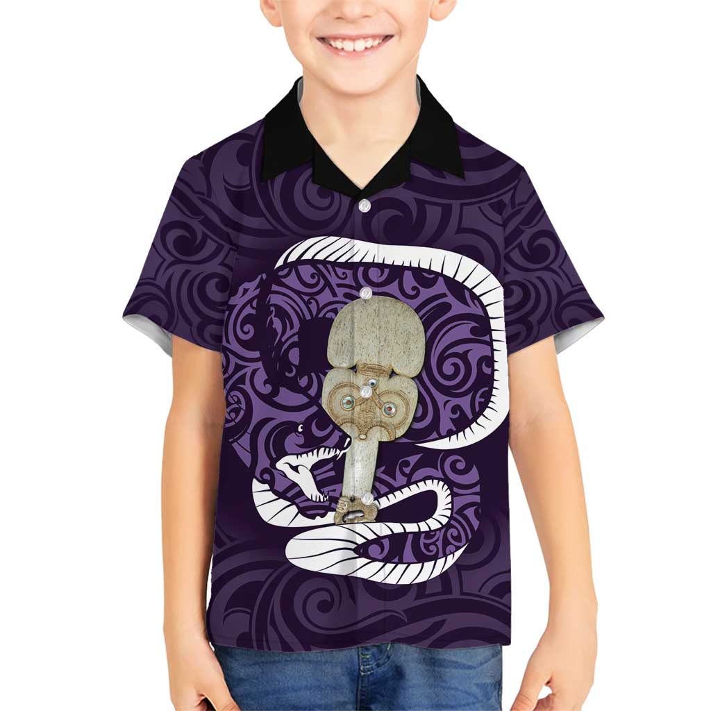 Purple New Zealand Eel Family Matching Long Sleeve Bodycon Dress and Hawaiian Shirt Aotearoa Maori Tuna With Kotiate Weapon LT14 Son's Shirt Purple - Polynesian Pride