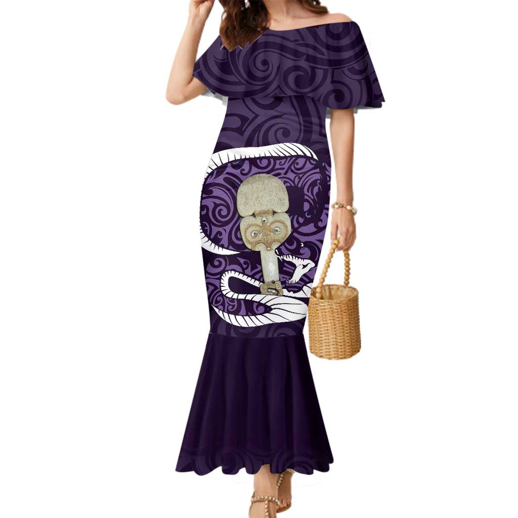 Purple New Zealand Eel Family Matching Mermaid Dress and Hawaiian Shirt Aotearoa Maori Tuna With Kotiate Weapon