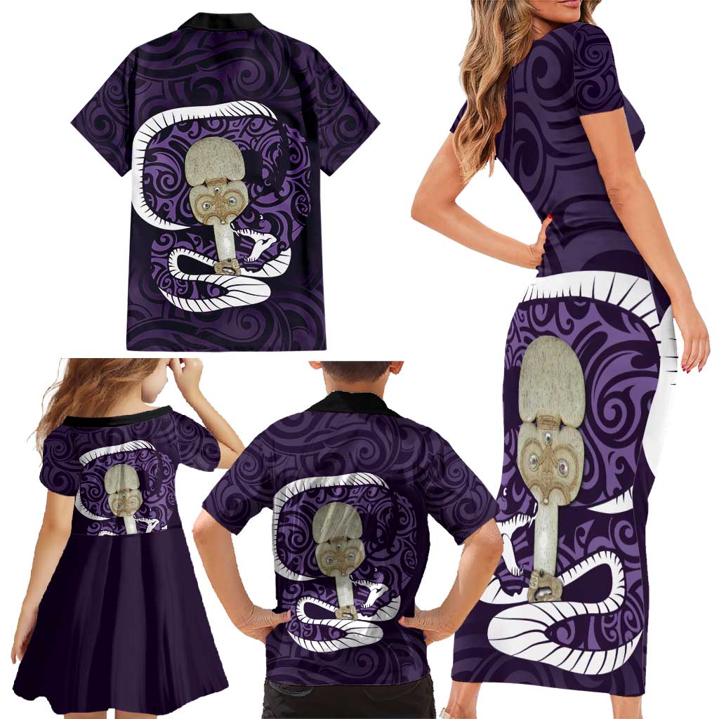 Purple New Zealand Eel Family Matching Short Sleeve Bodycon Dress and Hawaiian Shirt Aotearoa Maori Tuna With Kotiate Weapon