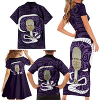 Purple New Zealand Eel Family Matching Short Sleeve Bodycon Dress and Hawaiian Shirt Aotearoa Maori Tuna With Kotiate Weapon