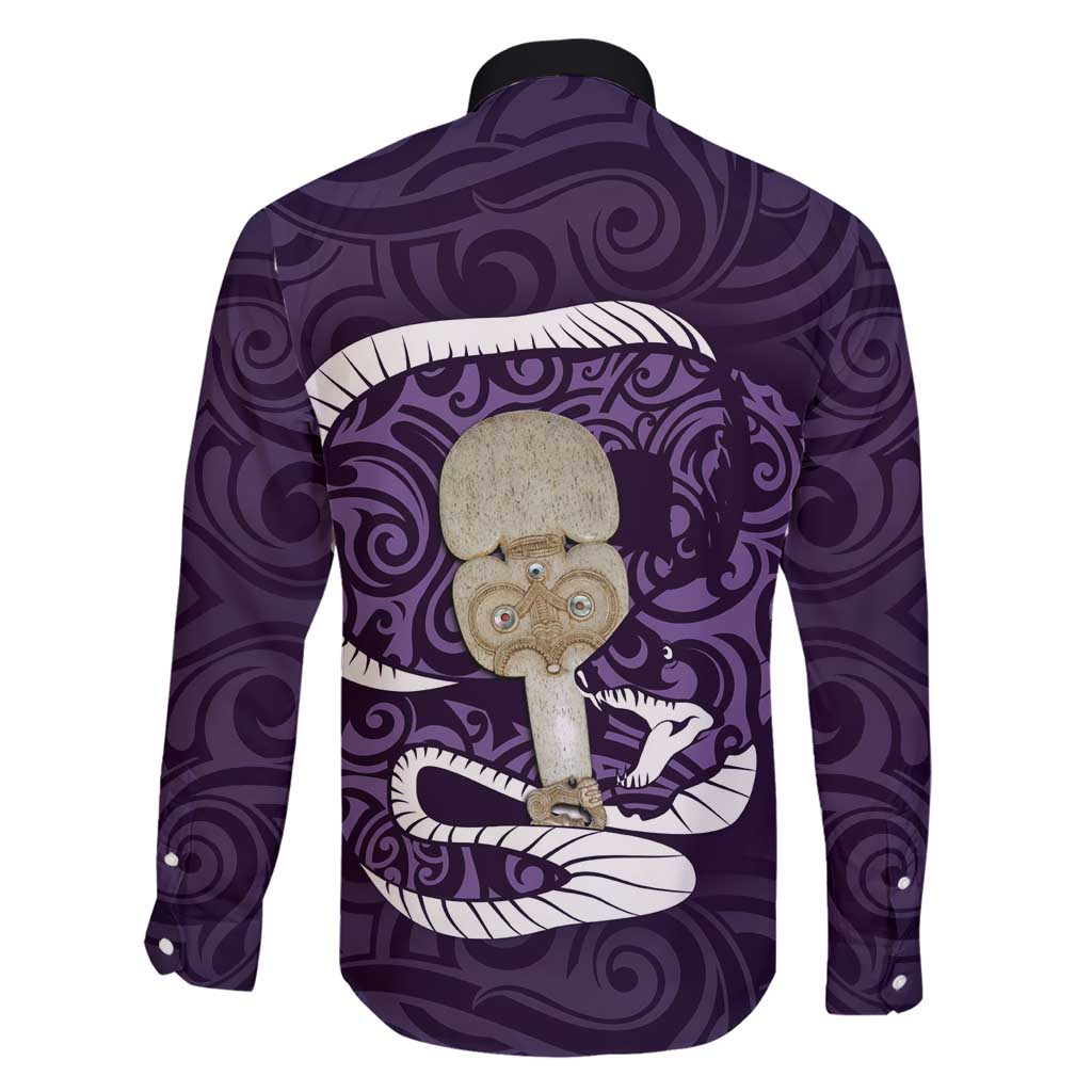 Purple New Zealand Eel Family Matching Short Sleeve Bodycon Dress and Hawaiian Shirt Aotearoa Maori Tuna With Kotiate Weapon