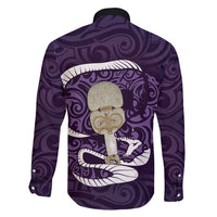 Purple New Zealand Eel Family Matching Short Sleeve Bodycon Dress and Hawaiian Shirt Aotearoa Maori Tuna With Kotiate Weapon