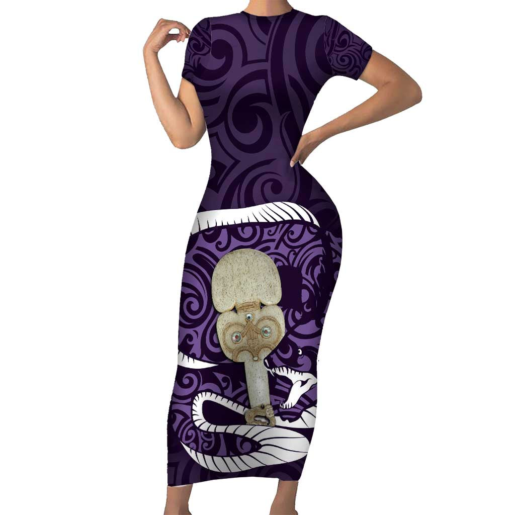 Purple New Zealand Eel Family Matching Short Sleeve Bodycon Dress and Hawaiian Shirt Aotearoa Maori Tuna With Kotiate Weapon