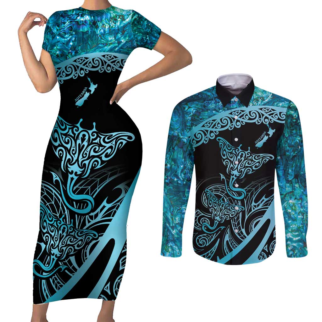 New Zealand Stingray Couples Matching Short Sleeve Bodycon Dress and Long Sleeve Button Shirt Aotearoa Whai With Maori Paua Shell LT14 Turquoise - Polynesian Pride