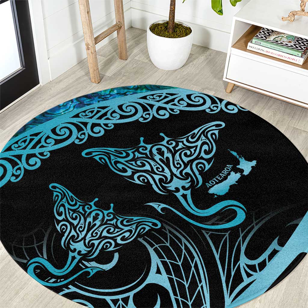 New Zealand Stingray Round Carpet Aotearoa Whai With Maori Paua Shell LT14 Turquoise - Polynesian Pride