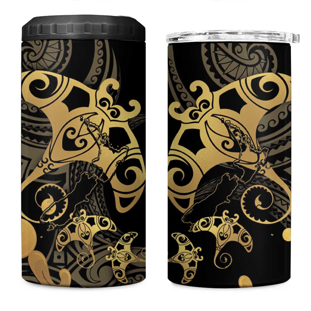 Black And Gold Aotearoa Whai Can Cooler Tumbler NZ Stingrays Maori Curves Style