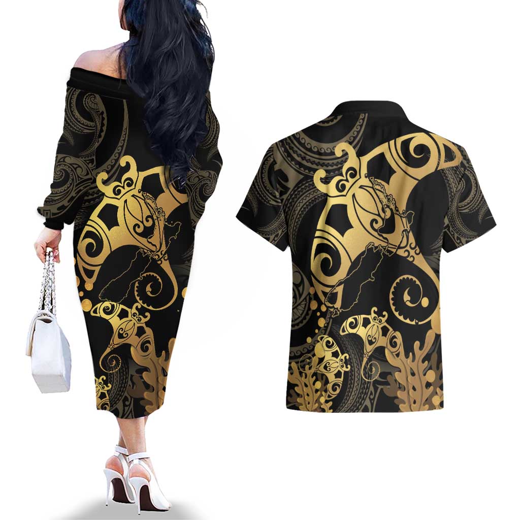 Black And Gold Aotearoa Whai Couples Matching Off The Shoulder Long Sleeve Dress and Hawaiian Shirt NZ Stingrays Maori Curves Style