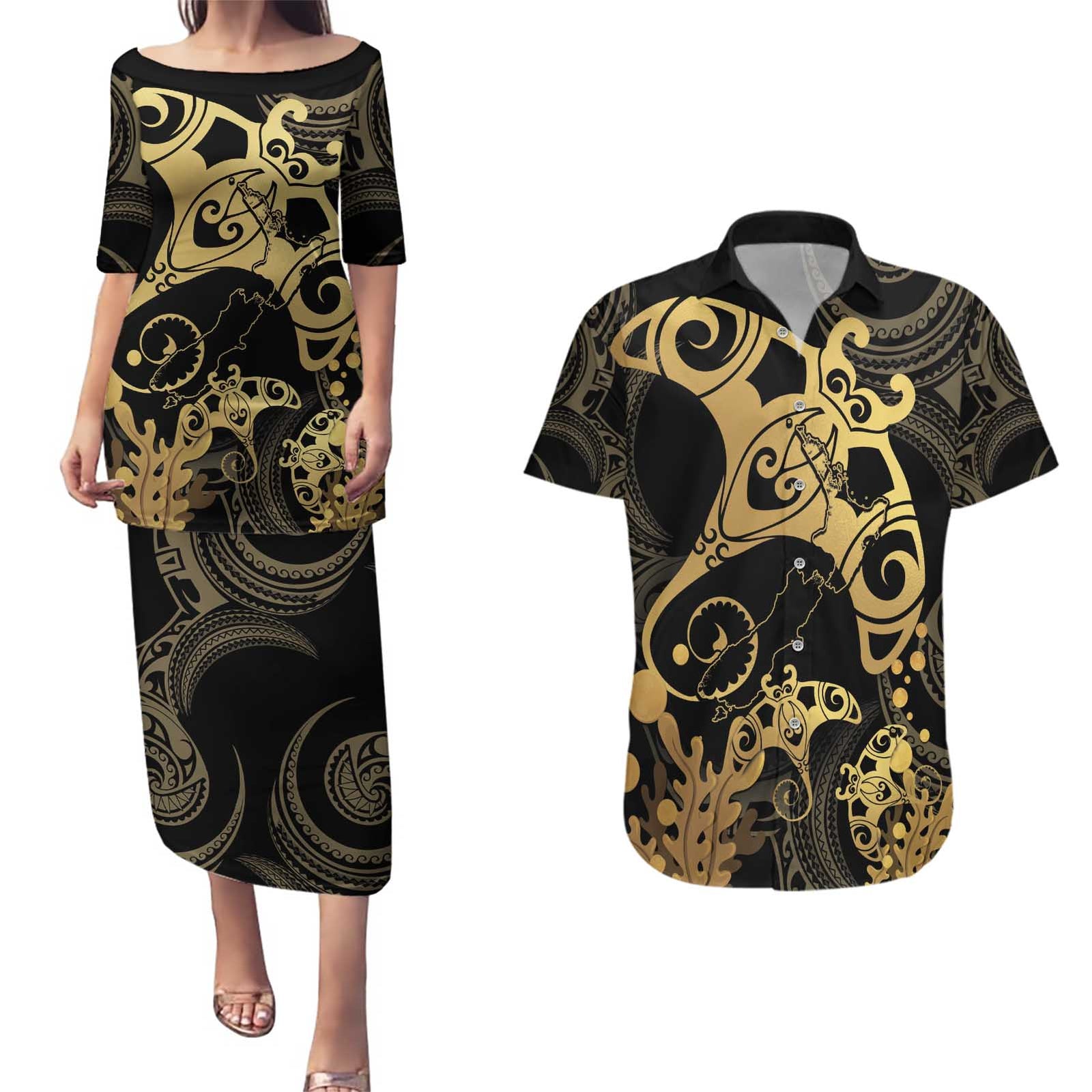 Black And Gold Aotearoa Whai Couples Matching Puletasi and Hawaiian Shirt NZ Stingrays Maori Curves Style
