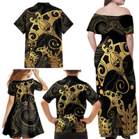 Black And Gold Aotearoa Whai Family Matching Off Shoulder Maxi Dress and Hawaiian Shirt NZ Stingrays Maori Curves Style