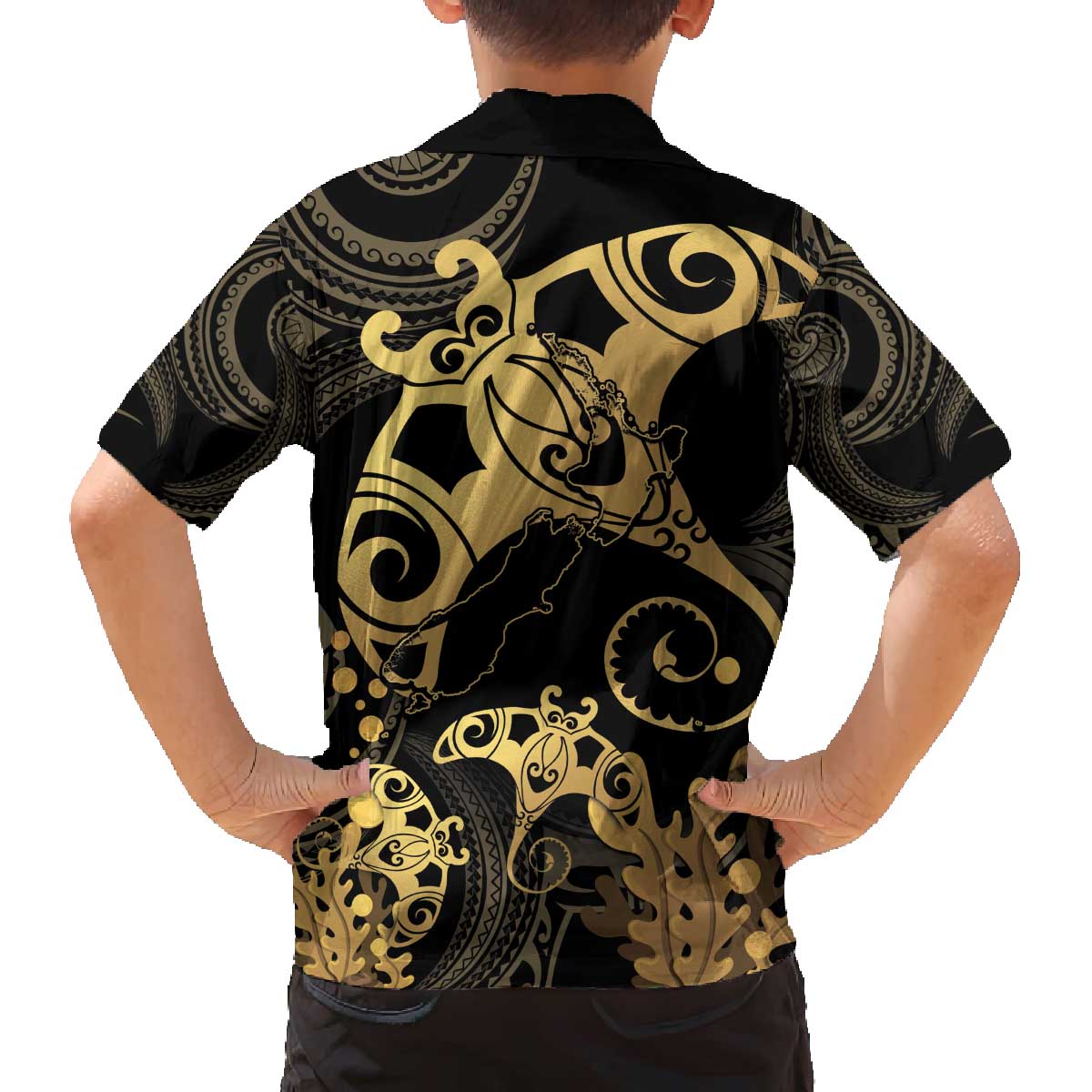 Black And Gold Aotearoa Whai Family Matching Off Shoulder Short Dress and Hawaiian Shirt NZ Stingrays Maori Curves Style LT14 - Polynesian Pride