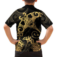 Black And Gold Aotearoa Whai Family Matching Off Shoulder Short Dress and Hawaiian Shirt NZ Stingrays Maori Curves Style LT14 - Polynesian Pride