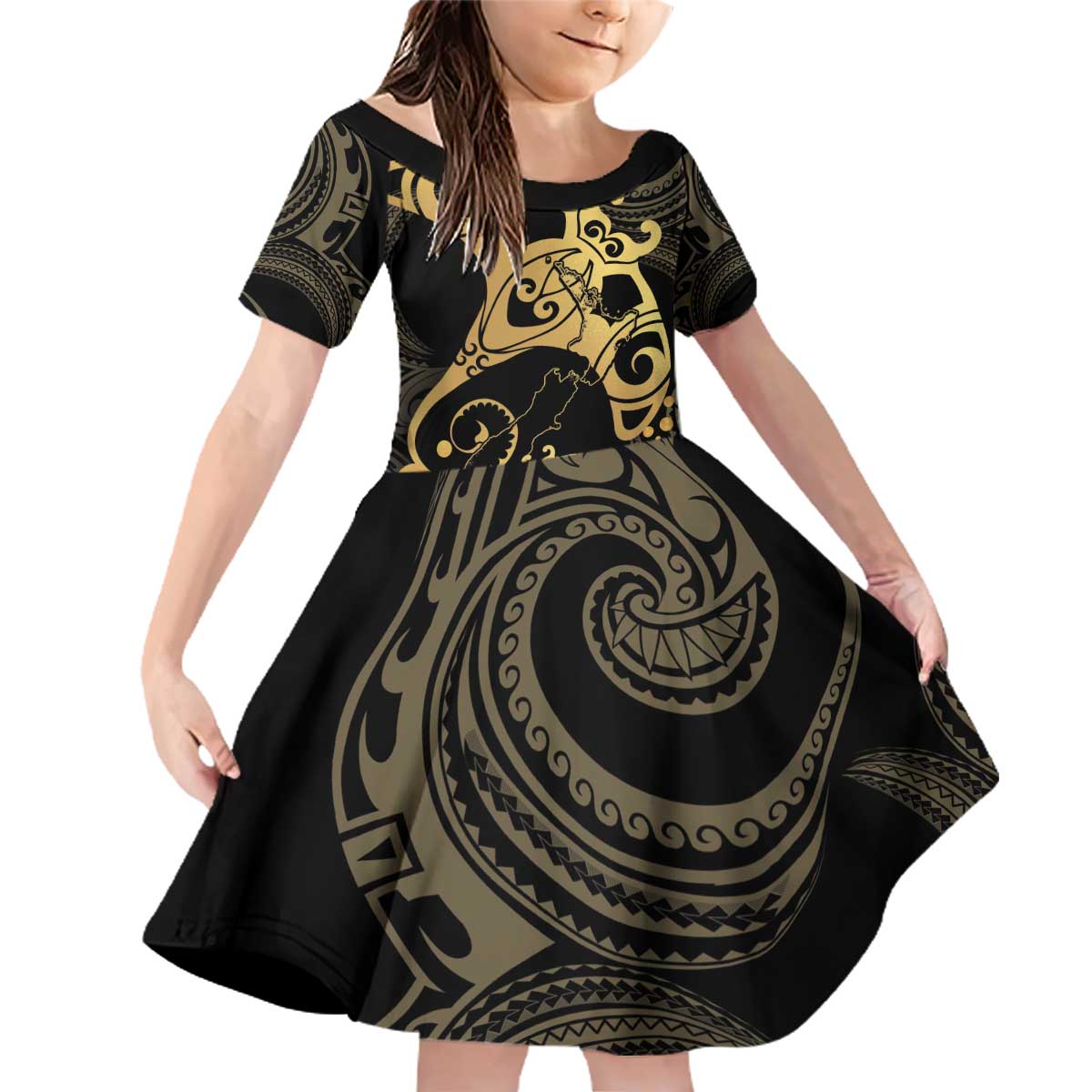 Black And Gold Aotearoa Whai Family Matching Off Shoulder Short Dress and Hawaiian Shirt NZ Stingrays Maori Curves Style LT14 Daughter's Dress Gold - Polynesian Pride