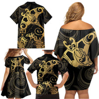 Black And Gold Aotearoa Whai Family Matching Off Shoulder Short Dress and Hawaiian Shirt NZ Stingrays Maori Curves Style LT14 - Polynesian Pride