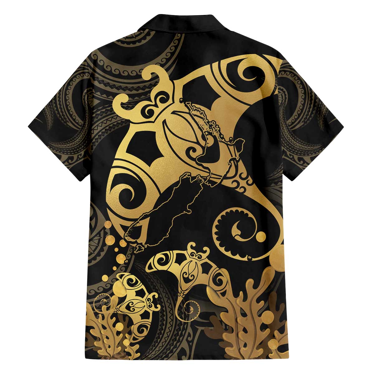 Black And Gold Aotearoa Whai Family Matching Off Shoulder Short Dress and Hawaiian Shirt NZ Stingrays Maori Curves Style LT14 - Polynesian Pride